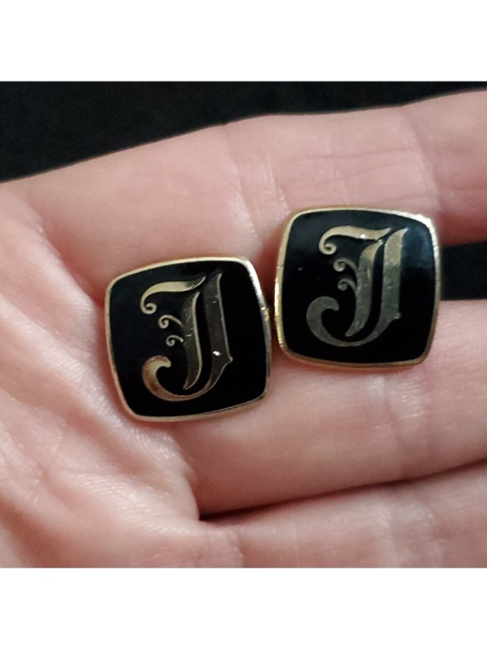 Vintage Initial Letter J Cufflinks Monogram Gold Tone Black Enamel 5/8" - Picture 4 of 6